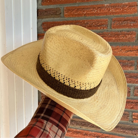 Vintage Stetson Roadrunner Bryantcote Straw Cowboy Hat Size 7 1/8 - Picture 3 of 11